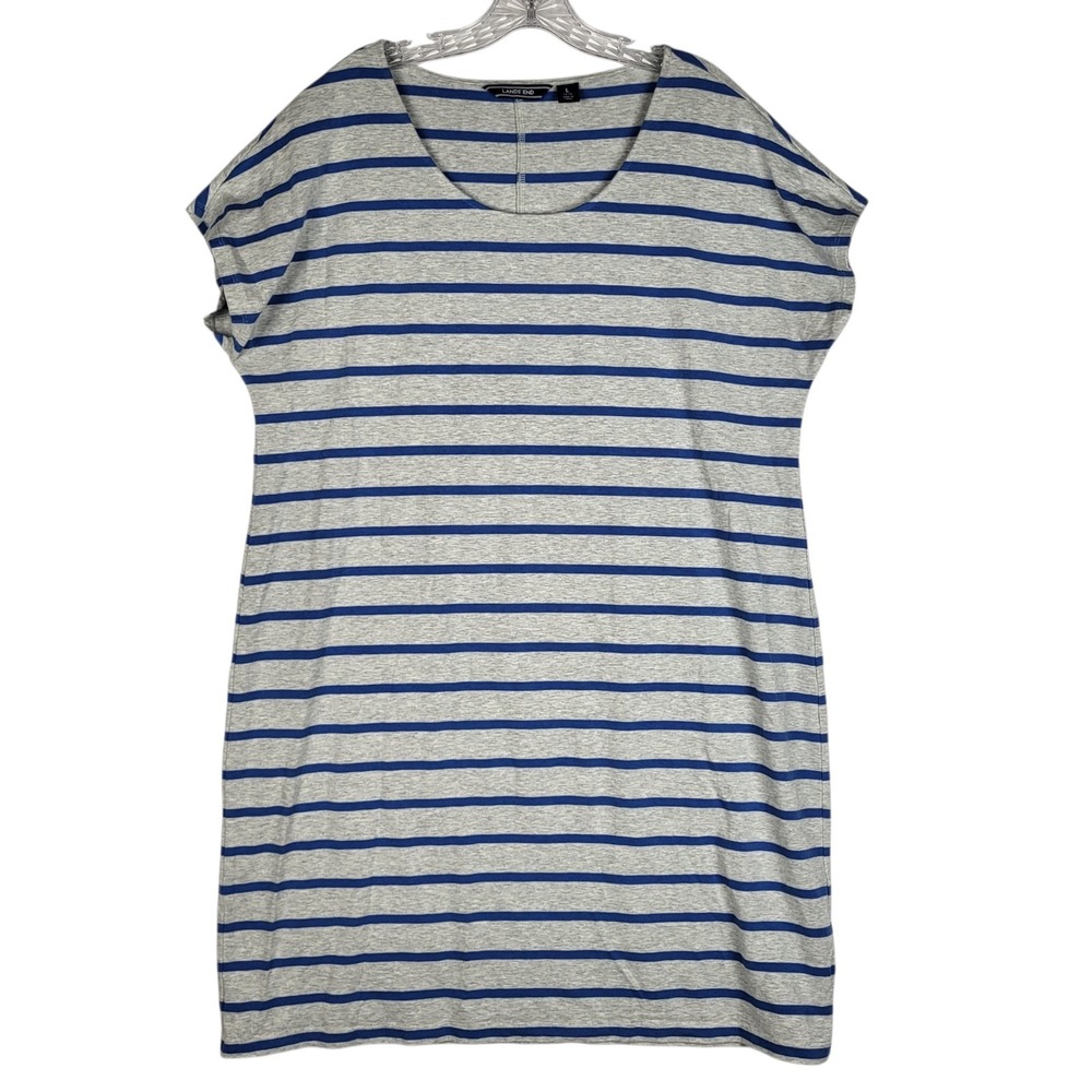 Lands End Pima Cotton T Shirt Dress Women's Large Blue Gray Striped Stretchy